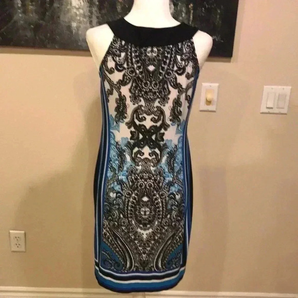NWT Sandra Darren Abstract Dress w/Sheer & Silver Metallic Neckline-Size 6 - Picture 2 of 10